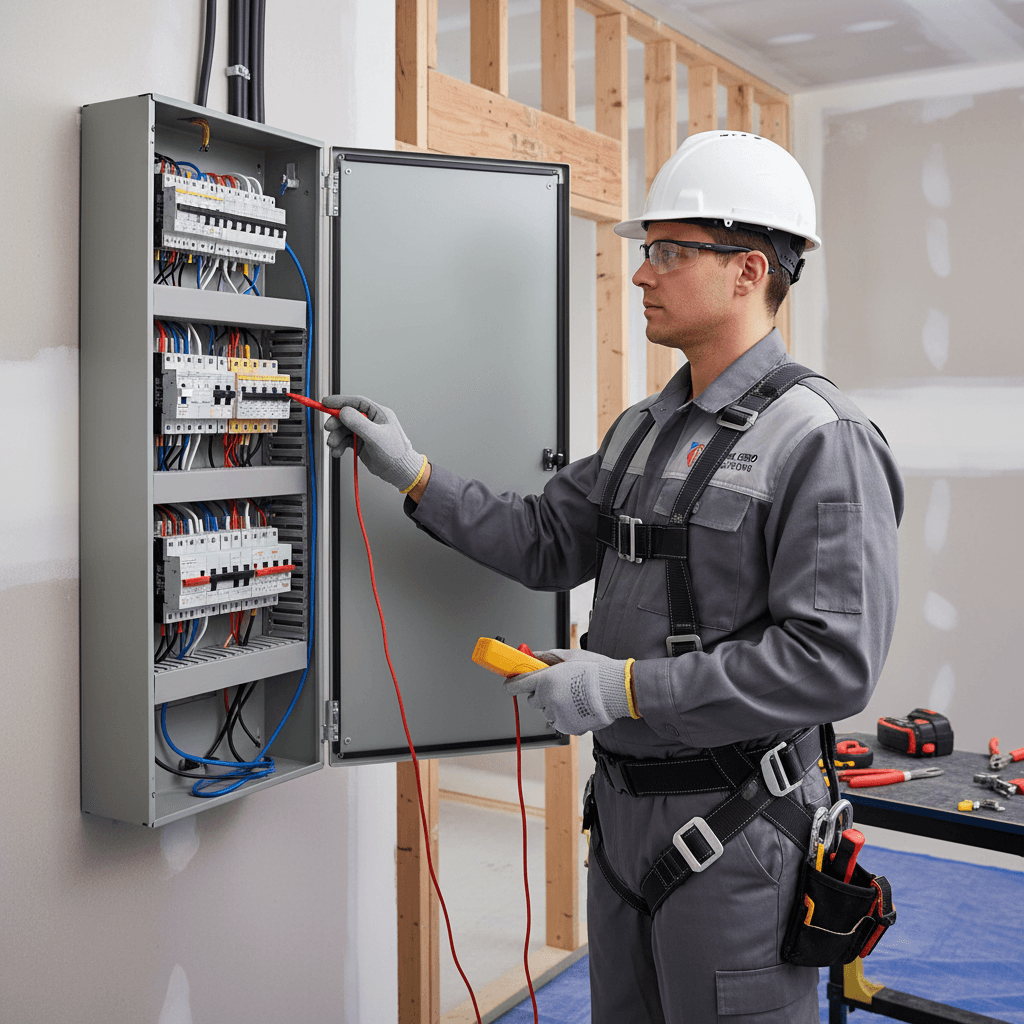 Electrician installing electrical panel in residential home