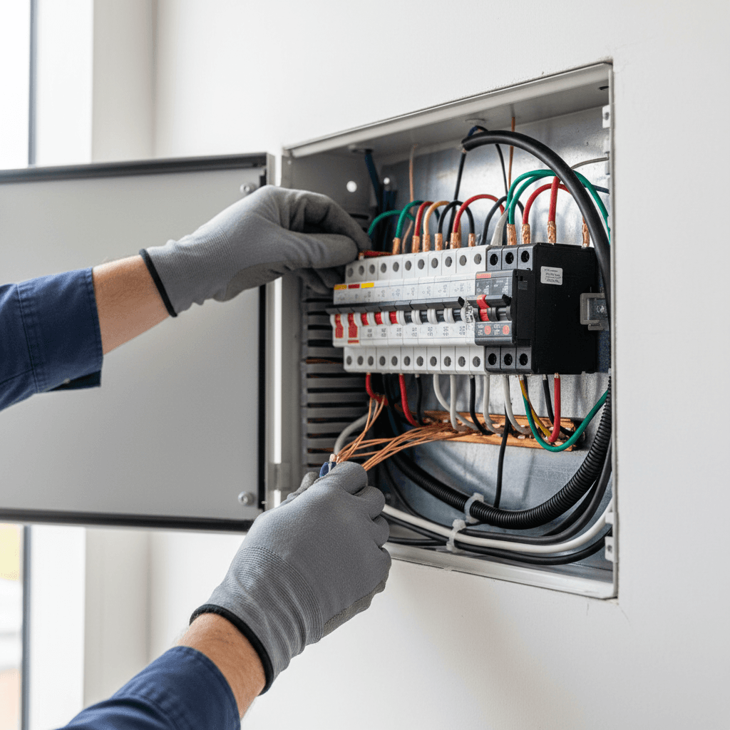 Electrician installing wiring in home electrical panel