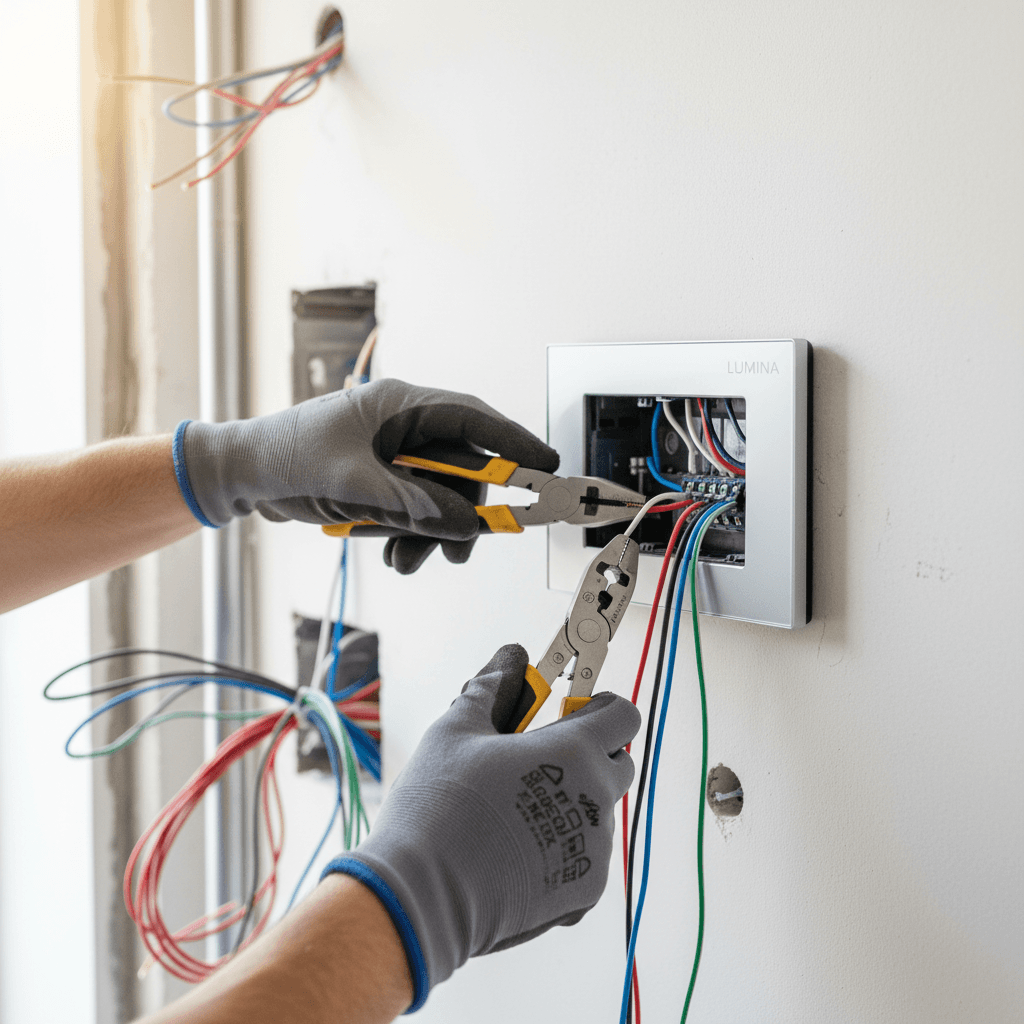 Electrician installing electrical panel